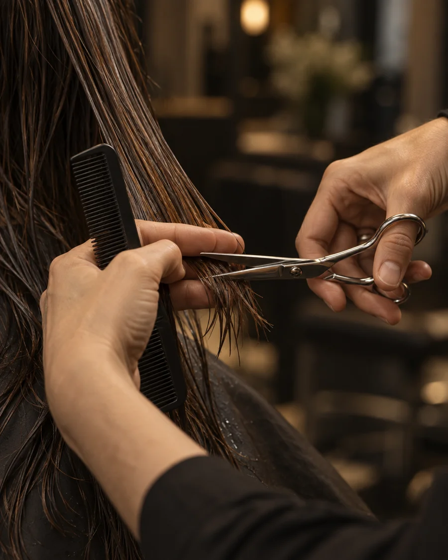 Illustration du travail aux ciseaux sur une mèche de cheveux